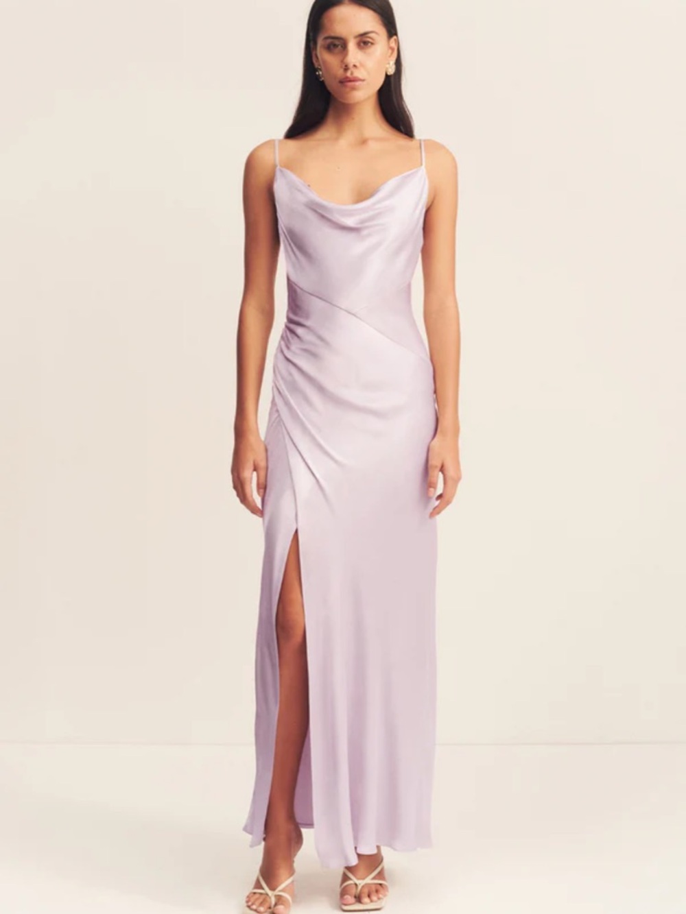 Shona Joy Lilac Satin Cowl Slip Gown with High Thigh Slit